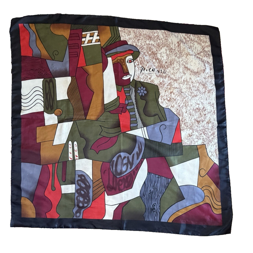 Vintage Picasso Style Scarf 34x34” Artsy heritage Satin Silk Feel